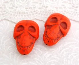 2 Large Alien Skulls Stone Beads in BRIGHT ORANGE  32mm x 21mm how0340