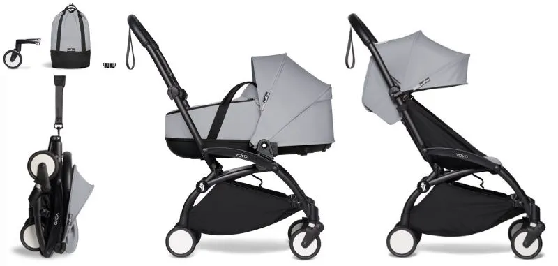 Babyzen YOYO2 Ultra Compact Complete 6  Stroller with Bassinet & Rolling Bag Bundle - Black / Stone