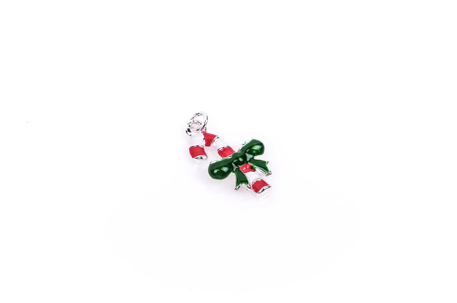 CANDY CANE with Bow Silver Plated Enamel Charm Pendant for Christmas  che0233