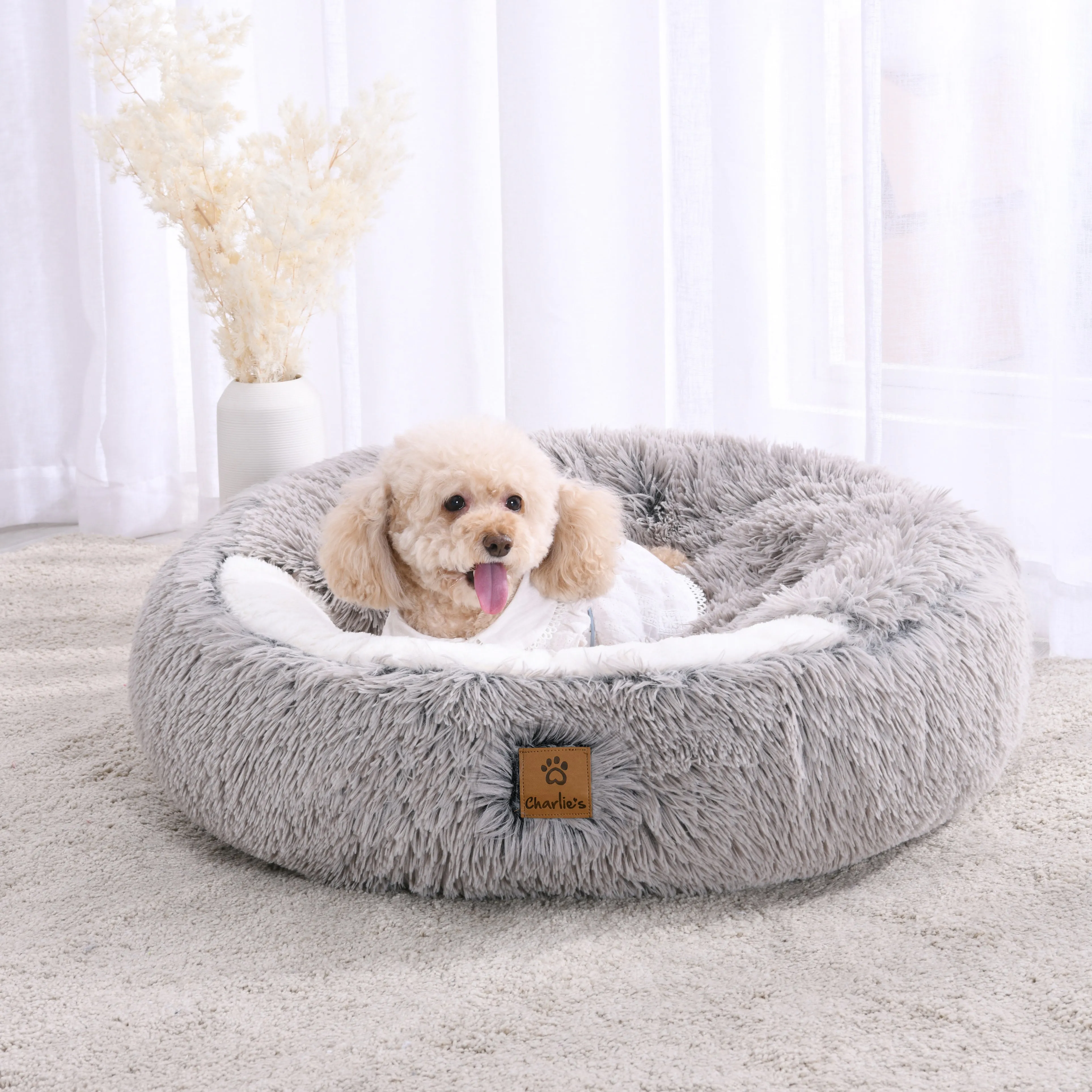 Cushioned Snookie Hooded Pet Nest Bed Faux Fur Grey