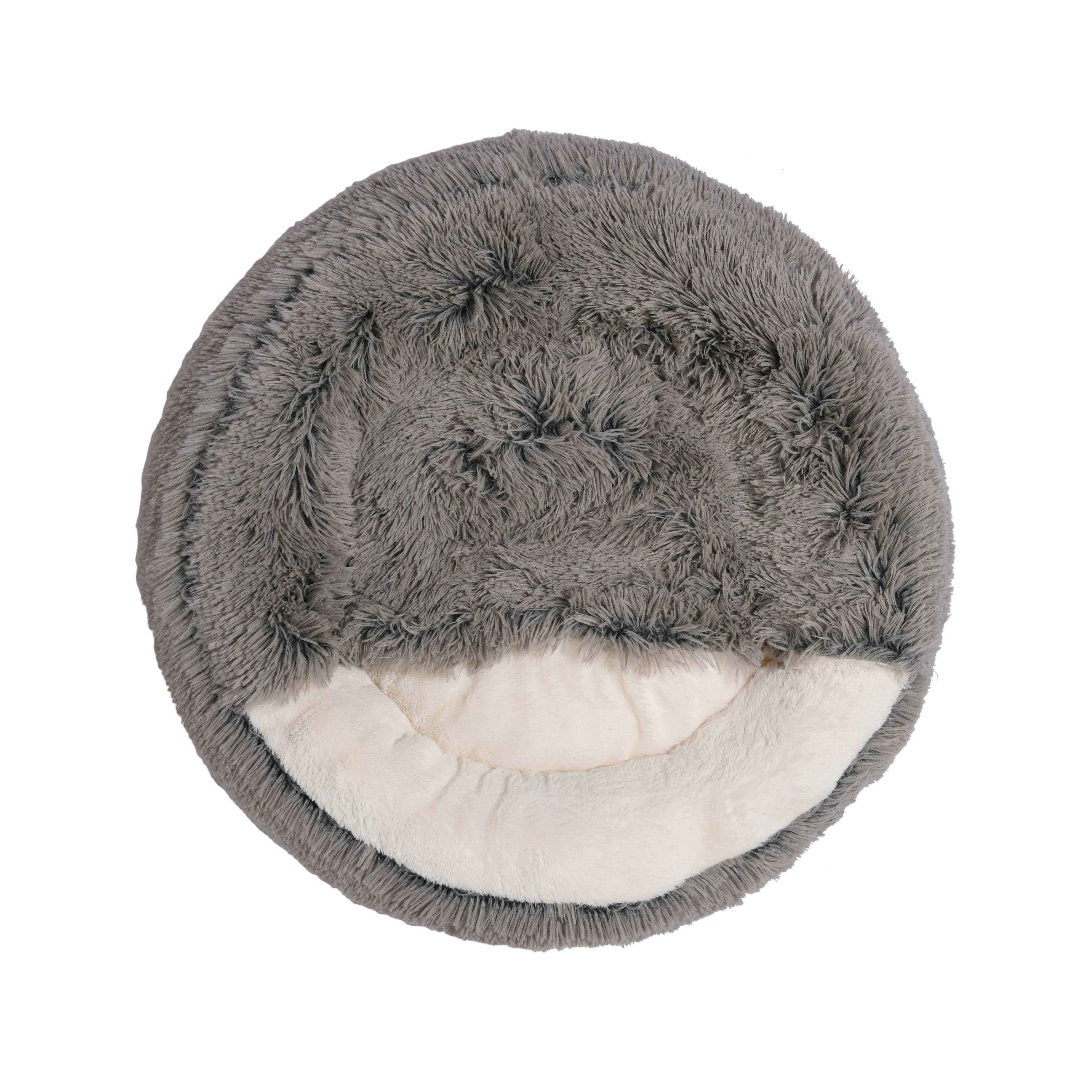 Cushioned Snookie Hooded Pet Nest Bed Faux Fur Grey