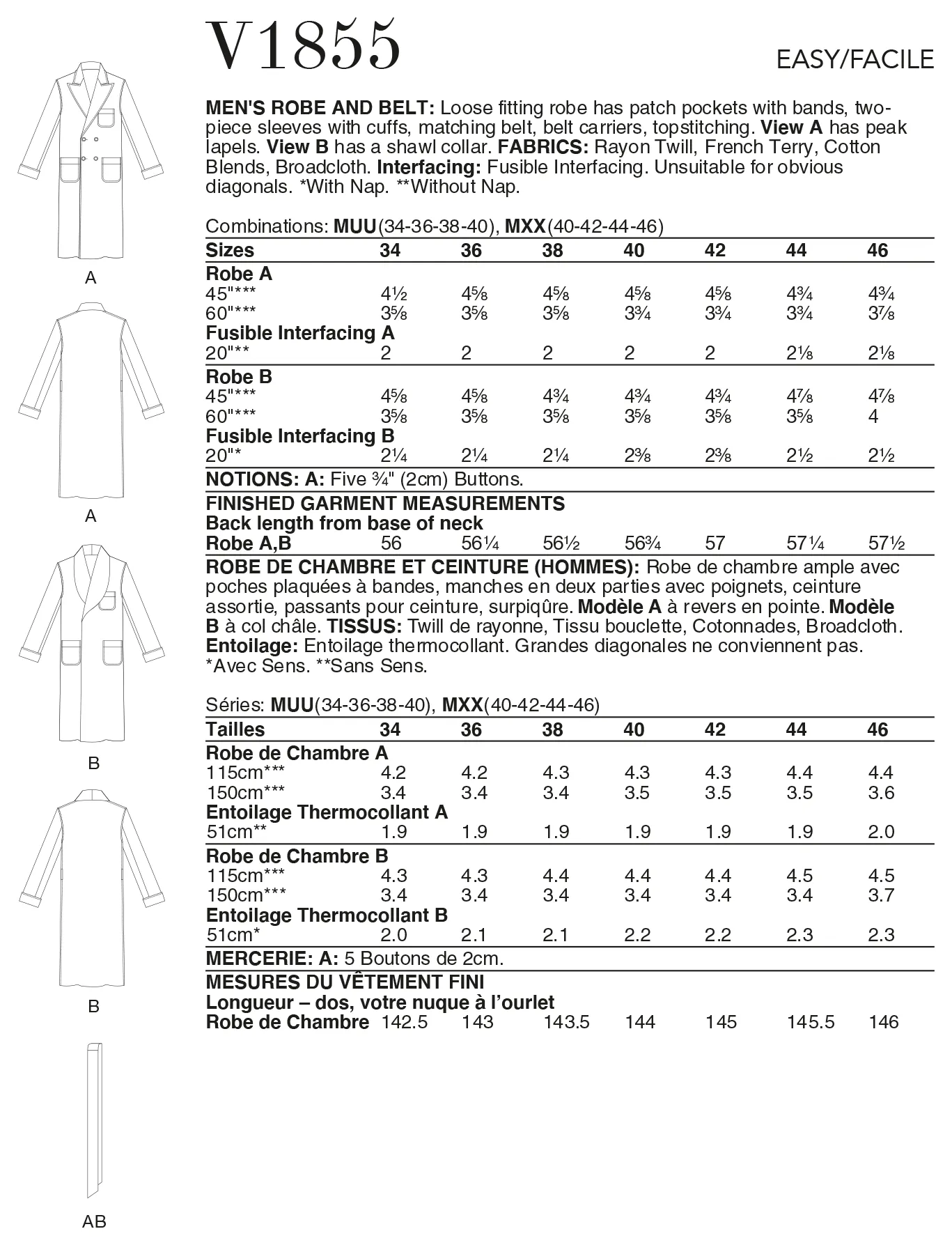Vogue 1855 Mens Robe and Belt Pattern